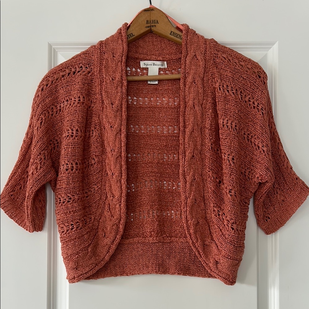 VTG Susan Bristol Salmon/Orange Knit Shrug/Cropped Cardigan Open Front Sweater L